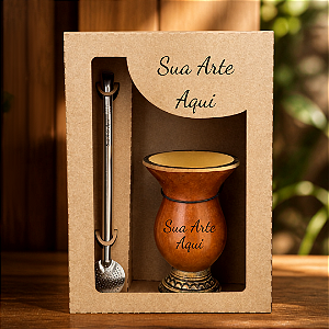 Kit Chimarrão Nativo Personalizado – Cuia Pequena de Porongo, Bomba Inox e Caixa