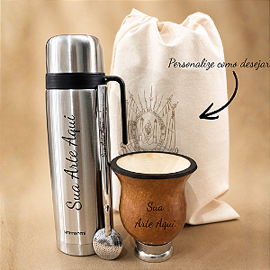 Kit de Chimarrão Personalizado com Saquinho - Cuia Porongo, bomba desmontável e térmica