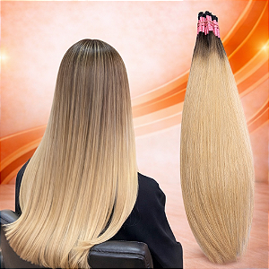 Cabelo Humano Liso Brasileiro 45cm - Loiro com uma raiz sombreada maior