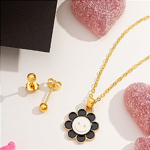 Conjunto Infantil flor preto e branco resinado em banho de ouro CJI 00002