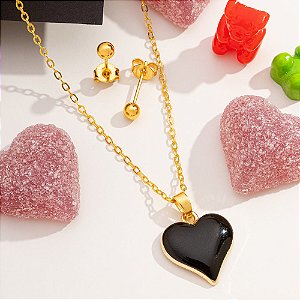 Conjunto Infantil coração preto em banho de ouro CJI 00004