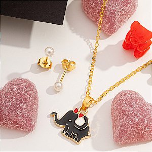 Conjunto elefante preto em banho de ouro CJI 00005