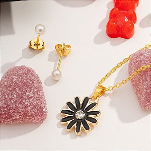 Conjunto Infantil flor preto em banho de ouro CJI 00006