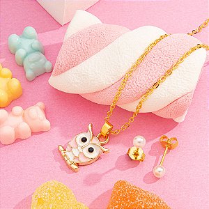 Conjunto Infantil coruja rosa banhado a ouro CJI 00014