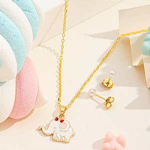 Conjunto infantil elefantinho branco banhado a ouro CJI 00025