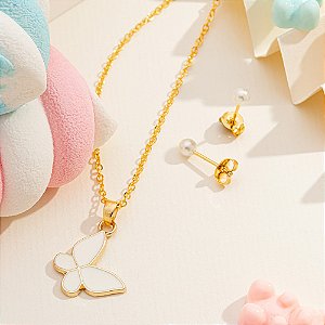 Conjunto Infantil Borboleta branca banhado a ouro CJI 00026
