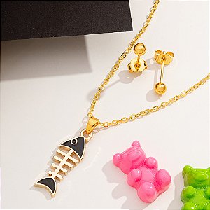 Conjunto Infantil Peixinho preto banhado a ouro CJI 00029