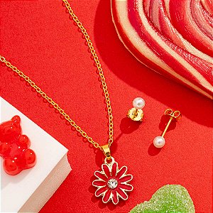 Conjunto Infantil Flor vermelha banhado a ouro CJI00039