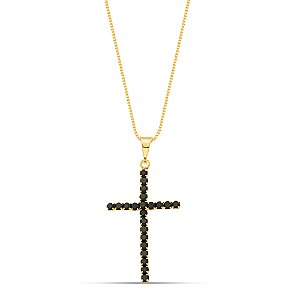 Colar cruz de strass preto em banho de ouro CL 00021