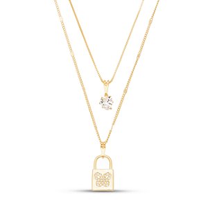 Colar duplo cadeado com borboleta em banho de ouro CL 00063