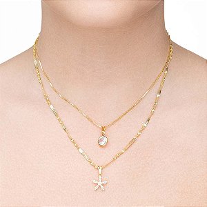 Colar duplo flor baguete em banho de ouro CL 00070