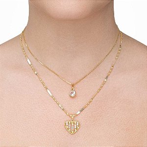 Colar duplo coração em banho de ouro CL00074
