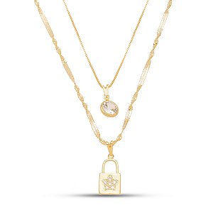 Colar duplo cadeado estrela em banho de ouro CL 00075