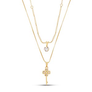 Colar duplo chave trevo em banho de ouro CL 00076