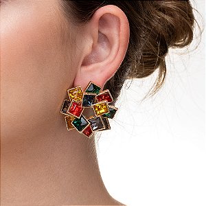 Brinco Botão Orgânico pedras quadradas bijuterias