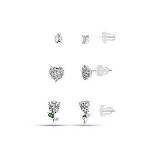 Trio de Brincos Romance: Flor e Coração em Ródio