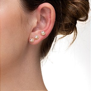 Trio de Brincos Ponto de Luz com Borda Cravejada folheado a ouro