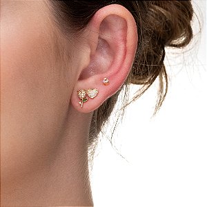 Trio de Brincos Flor, Coração e Ponto de Luz folheado a ouro