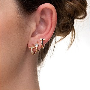 Trio de Argolas Click com Design "T" e Ponto de Luz folheado a ouro