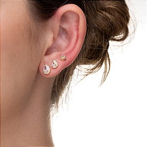 Trio de Brincos Gotas Cravejadas folheado a ouro