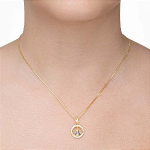 Colar Medalha rendonda Nossa Senhora Aparecida Cravejada folheado a ouro