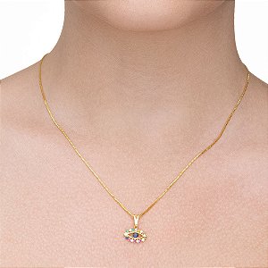 Colar Olho Grego Cravejado com Zircônias Coloridas folheado a ouro