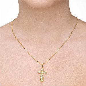 Colar Crucifixo Curvo com Zircônias Coloridas folheado a ouro