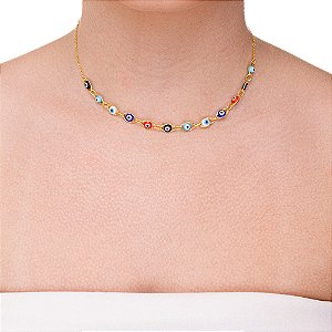 Choker de Olhos Gregos Coloridos folheado a ouro