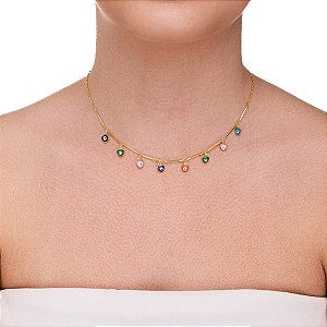 Choker Elos Orgânicos com Corações e Olho Grego folheado a ouro
