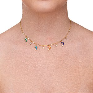 Choker olho grego de Golfinhos Coloridos folheado a ouro