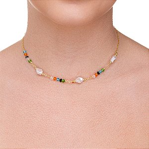 Choker Cristais e perola resinada