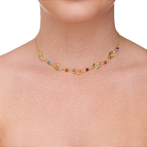 Choker de Elos Ovais Vazados e Cristais Coloridos folheado a ouro