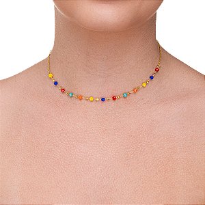 Choker Cristais Multifacetados Coloridos folheado a ouro