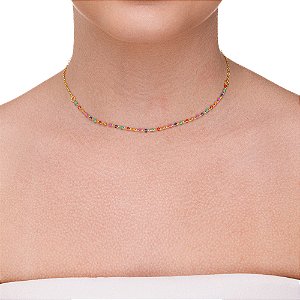 Choker de Miçangas Coloridas tipo bolinhas folheado a ouro