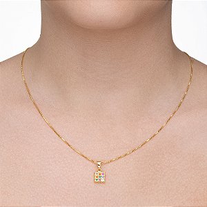 Colar Plaquinha Quadrada Cravejada Colorida folheada a ouro