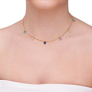 Choker  com Gotas Coloridas folheado a ouro