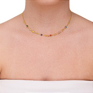 Choker estrelinha coloridas folheadas a ouro