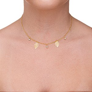 Choker folhas com ponto de luz folheado a ouro