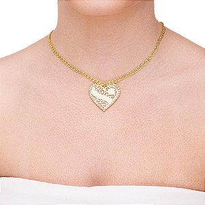 Colar de coração com love dentro na corrente de elo folheado a ouro