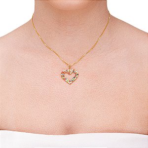 Colar de coração colorido em strass folheado a ouro