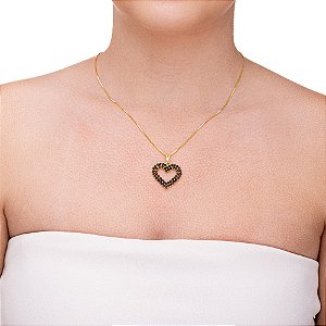 Colar de coração preto em strass folheado a ouro