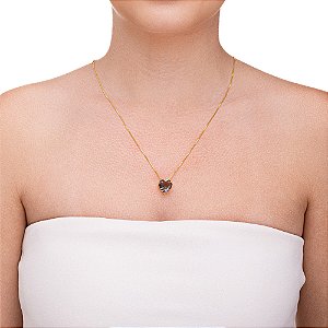 Colar de coração vidro fumê na corrente veneziana folheada a ouro