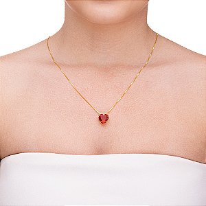 Colar de coração vidro vermelho na corrente veneziana folheada a ouro