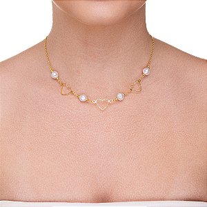 Choker coração pérola folheado a ouro