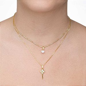Colar duplo com ponto de luz de coração e chave folheado a ouro