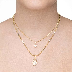 Colar duplo com ponto de luz e estrela cravejada folheado a ouro
