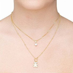 Colar duplo de ursinho com ponto de luz folheado a ouro