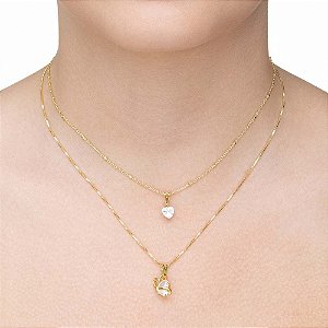 Colar duplo com coração e borboleta de zircônia folheado a ouro