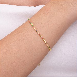 Pulseira rivieira colorida fina folheado a ouro