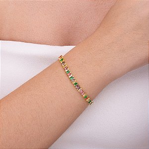 Pulseira rivieira em baguete com zircônia colorido folheada a ouro